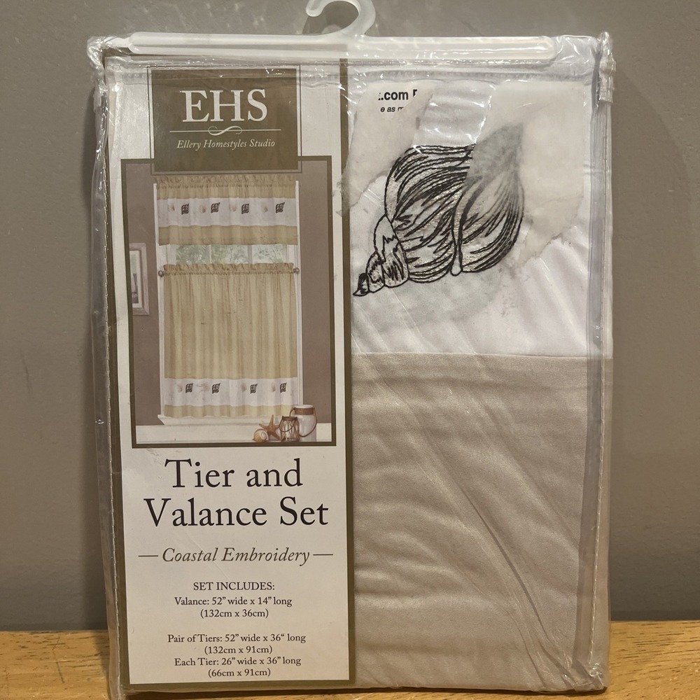 Ellery‎ Homestyles 36 inch Tiers Valance Curtain Set Embroidered Seashells Beach